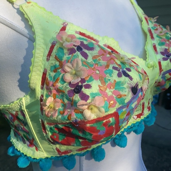 Festival Dress Up Rave Bra Top. Pointed Madonna Bra Style, Pom Poms & Paint - Picture 3 of 7